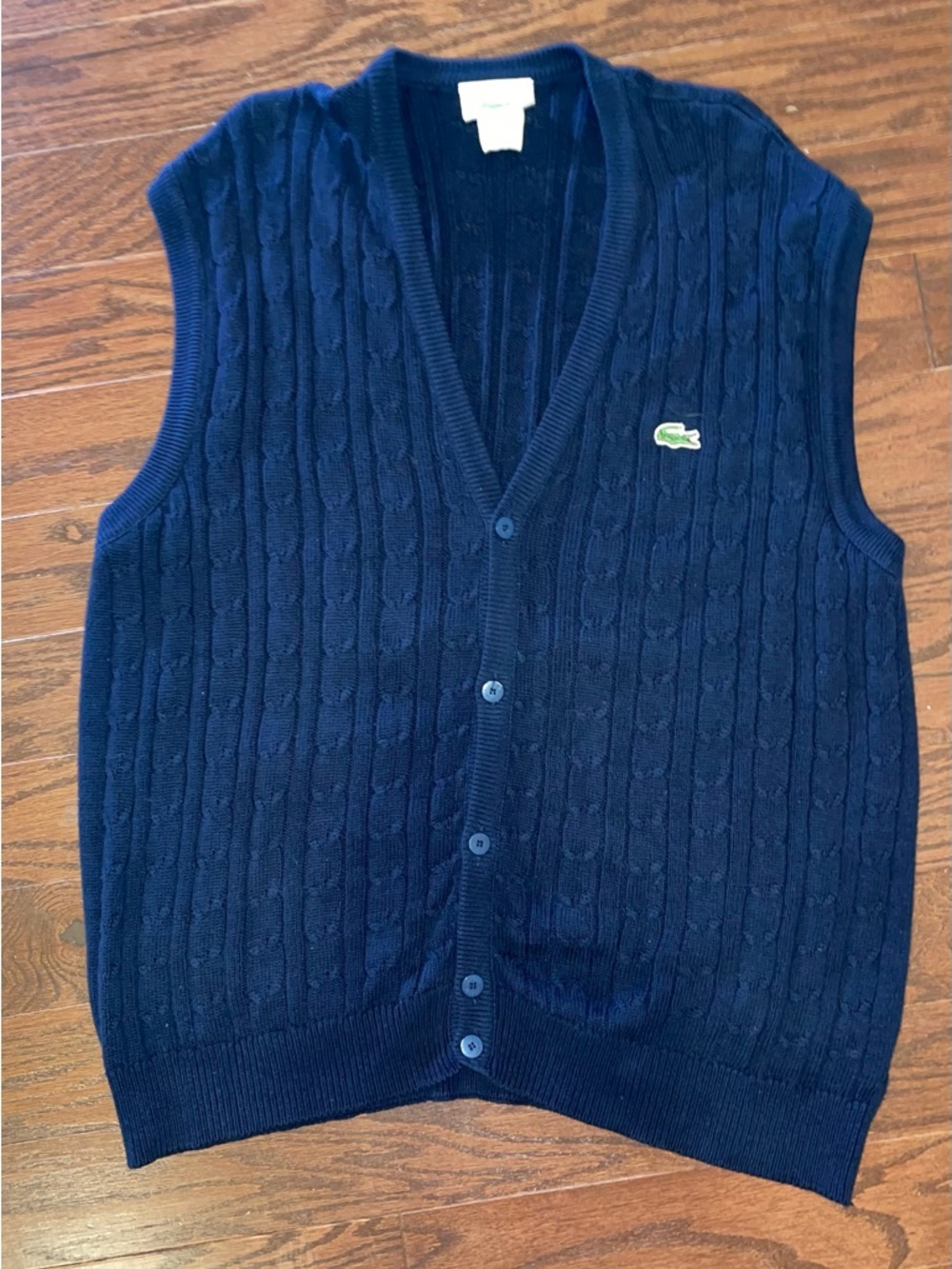 Lacoste Men’s Navy Cable-Knit Button Up Vest with Crocodile Logo Cotton